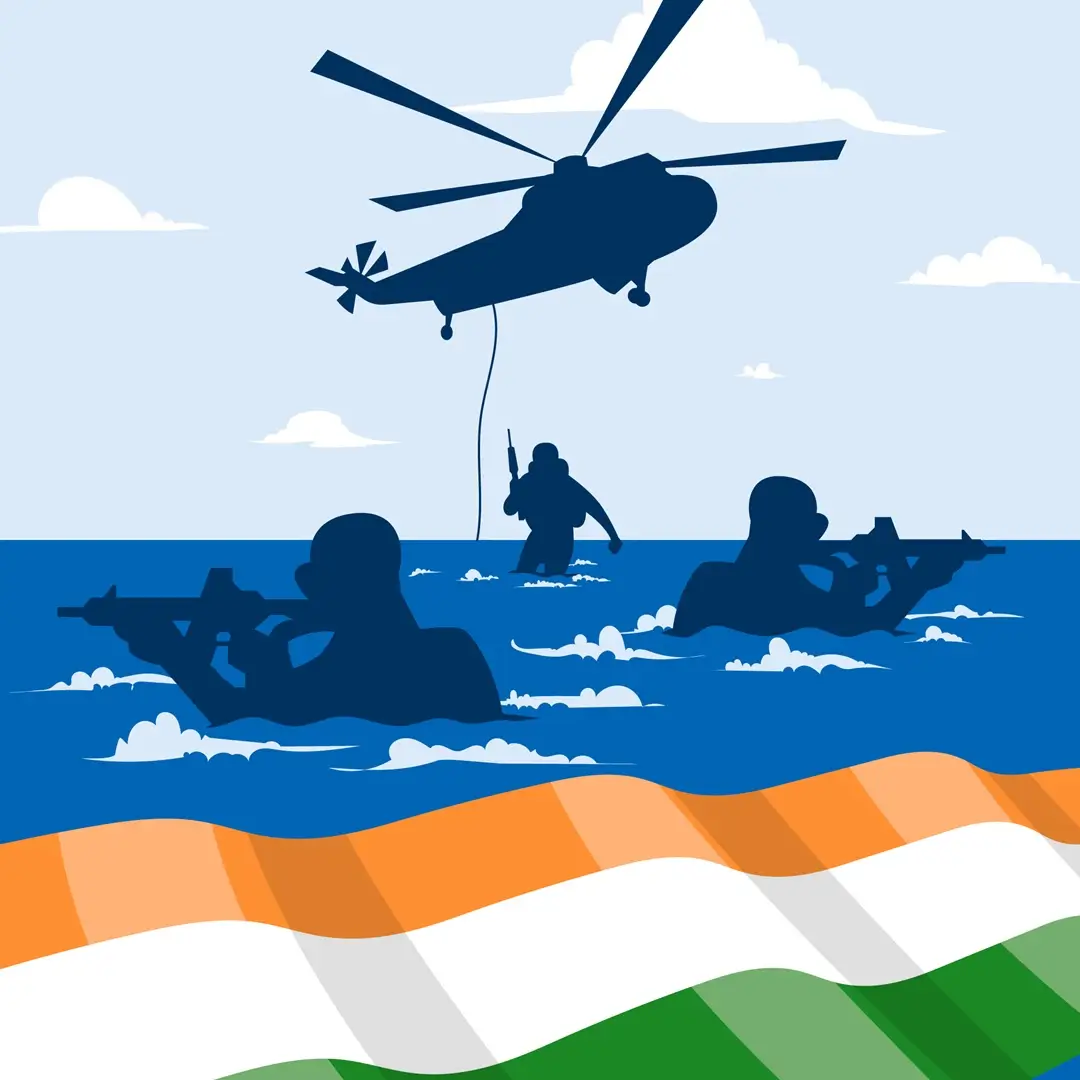 Indian Army soldiers wade through water as a helicopter hovers above, showcasing their training and readiness for operations.